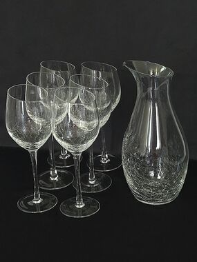 RARE Pier 1 Angled Crackle Glass 7pc Artisan Set - Carafe & 6 Hand-Blown Goblets